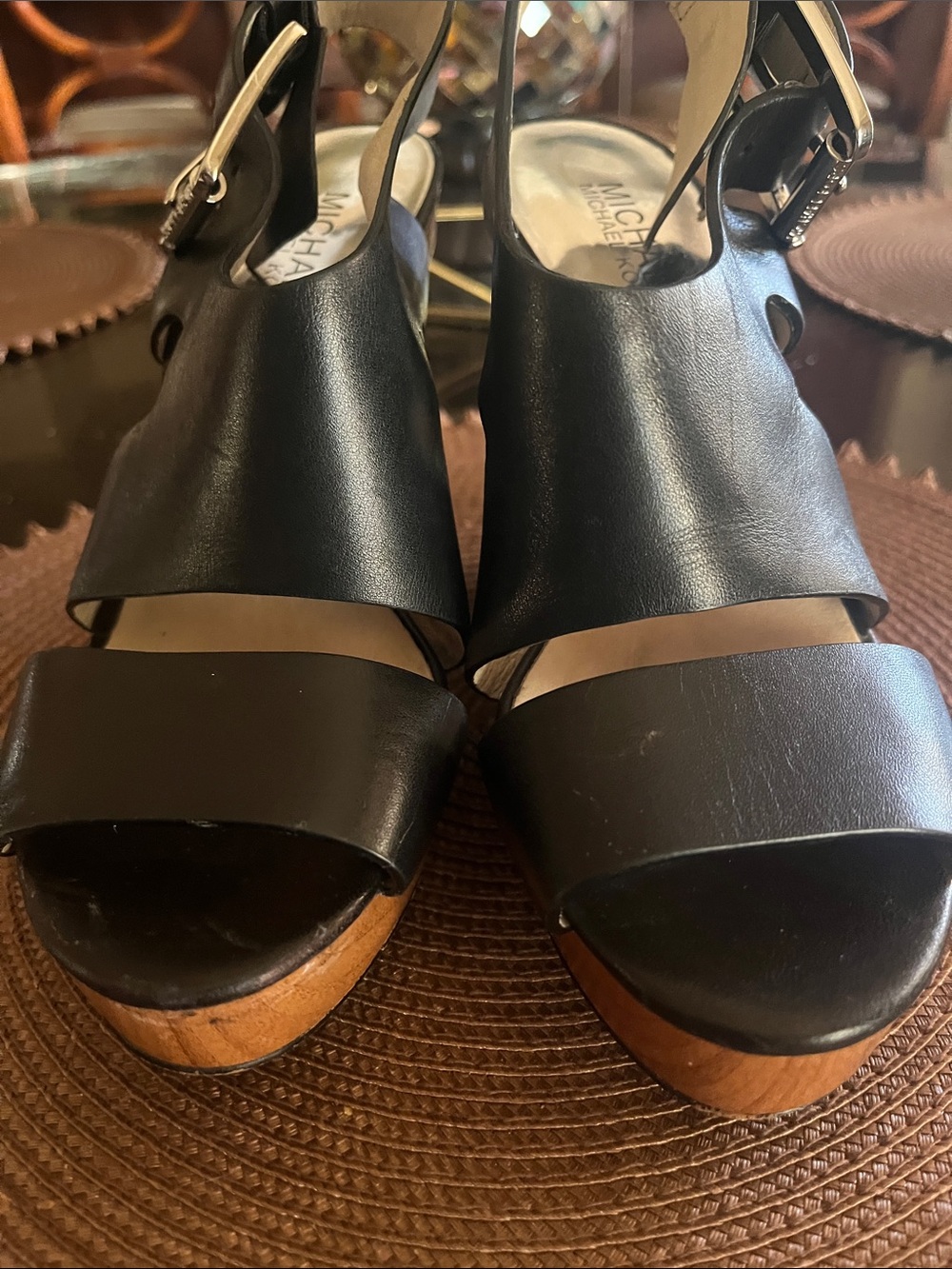 Michael Kors Black Leather Wedge Sandals with Wood-Look Platform